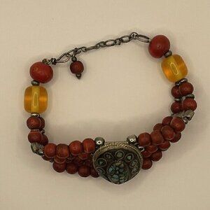 Tibetan Silver Turquoise Coral Bohemian Boho Turtle Shell Shape Charm Bracelet